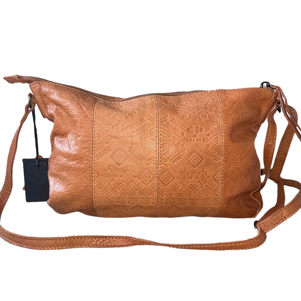 DAY & MOOD Carta Geometric Pattern Brown Leather East/ West Crossbody Bag